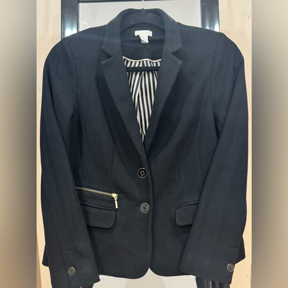 Chico's Cotton Black Blazer with Gold Accents